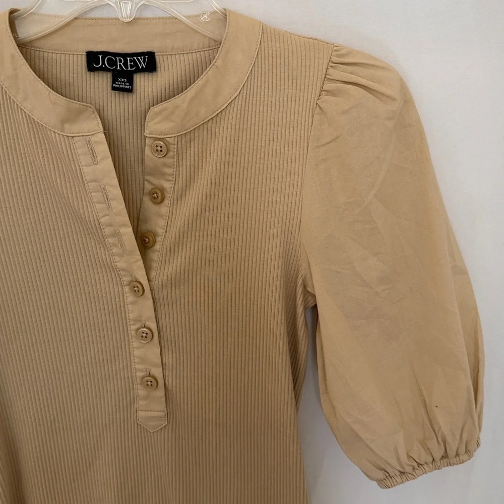 J. Crew Khaki Striped Puff Sleeves Square Neck Ribbed Blouse XXS